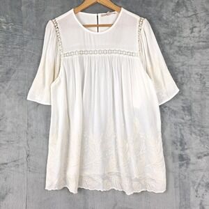 Womens Top Large Boho Gauze Beach Coastal Embroidered Crochet Floral Peasant